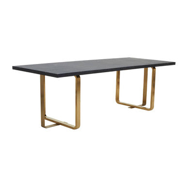 Black and Grey Oak Veneer Wooden Rectangular Dining Table with Gold Finish Metal Angular Base, Lena