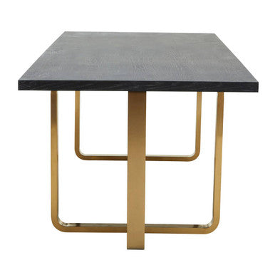 Black and Grey Oak Veneer Wooden Rectangular Dining Table with Gold Finish Metal Angular Base, Lena