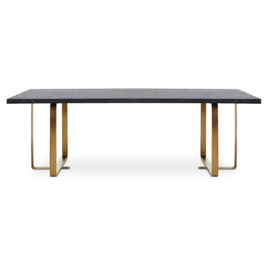 Black and Grey Oak Veneer Wooden Rectangular Dining Table with Gold Finish Metal Angular Base, Lena