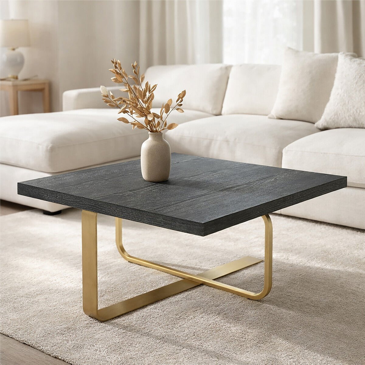 Black and Grey Oak Veneer Wooden Coffee Table with Gold Finish Metal Angular Base, Lena - Joe’s Haven
