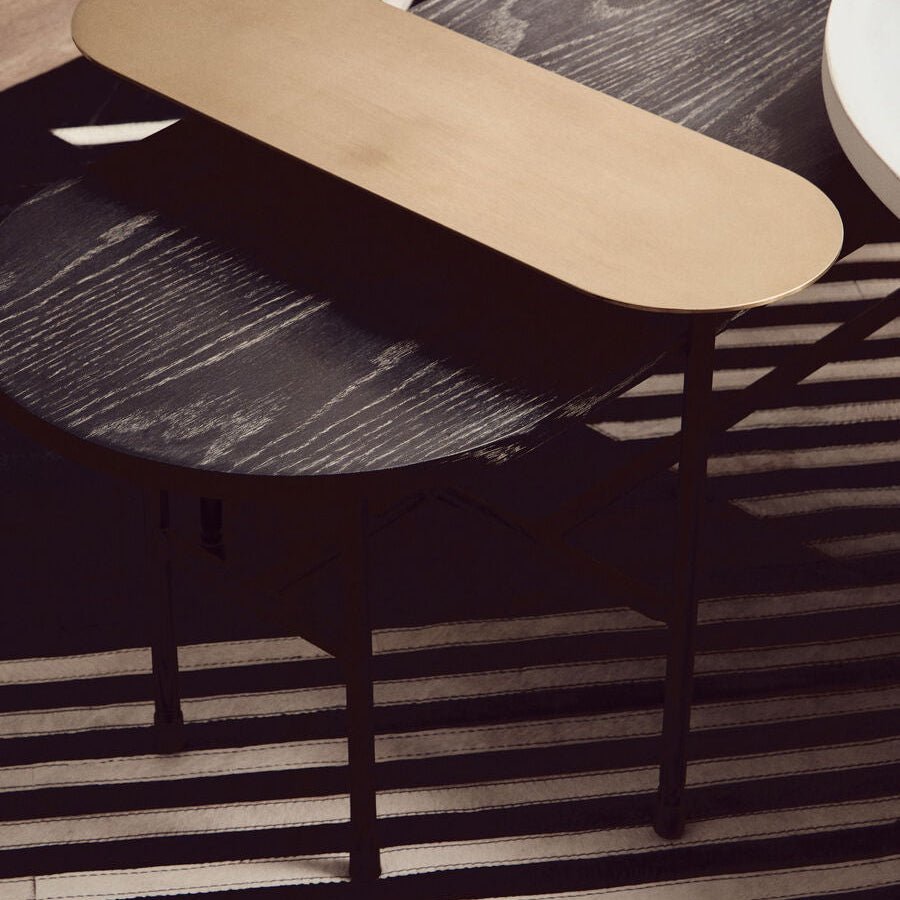 Gold Oak Veneer and Black Marble Top Coffee Table with Iron Legs, Serrano - Joe’s Haven