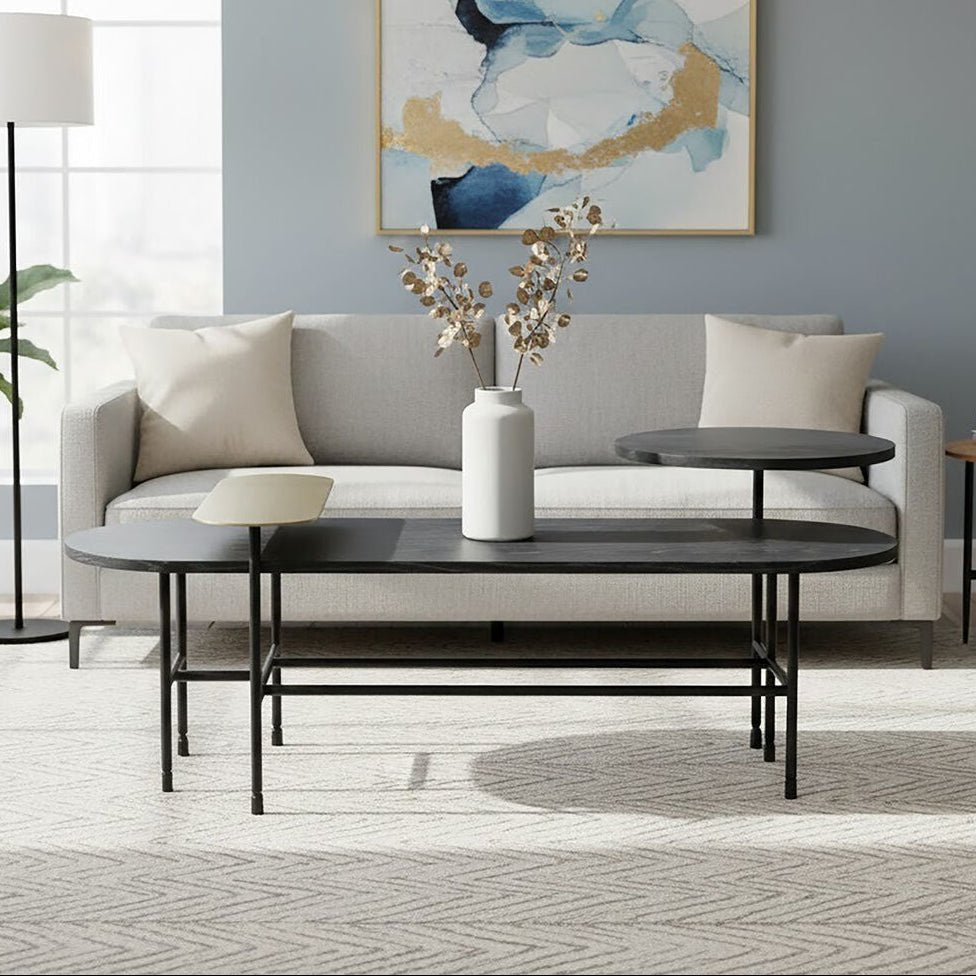 Gold Oak Veneer and Black Marble Top Coffee Table with Iron Legs, Serrano - Joe’s Haven