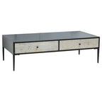 Black Recycled Pine Wood Coffee Table with Textured Two Storage Drawers Front and Black Metal Legs, Luxor - Joe’s Haven