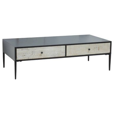 Black Recycled Pine Wood Coffee Table with Textured Two Storage Drawers Front and Black Metal Legs, Luxor - Joe’s Haven
