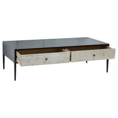 Black Recycled Pine Wood Coffee Table with Textured Two Storage Drawers Front and Black Metal Legs, Luxor - Joe’s Haven