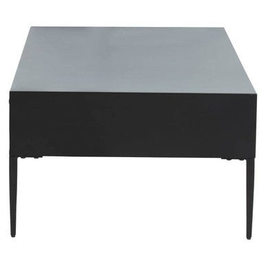 Black Recycled Pine Wood Coffee Table with Textured Two Storage Drawers Front and Black Metal Legs, Luxor - Joe’s Haven