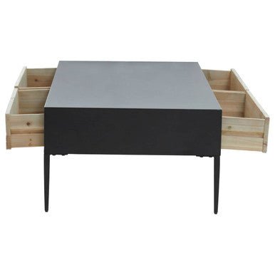 Black Recycled Pine Wood Coffee Table with Textured Two Storage Drawers Front and Black Metal Legs, Luxor - Joe’s Haven