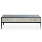 Black Recycled Pine Wood Coffee Table with Textured Two Storage Drawers Front and Black Metal Legs, Luxor - Joe’s Haven