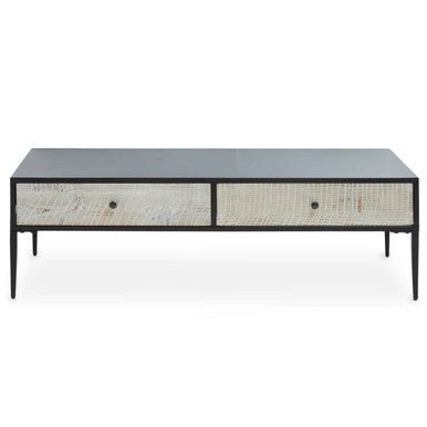 Black Recycled Pine Wood Coffee Table with Textured Two Storage Drawers Front and Black Metal Legs, Luxor - Joe’s Haven