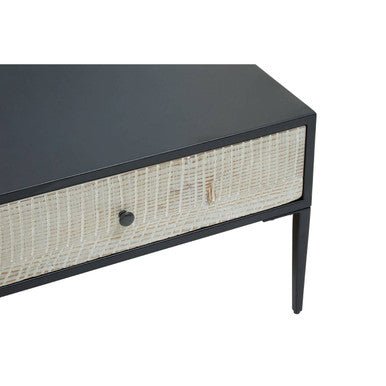 Black Recycled Pine Wood Coffee Table with Textured Two Storage Drawers Front and Black Metal Legs, Luxor - Joe’s Haven