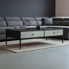 Black Recycled Pine Wood Coffee Table with Textured Two Storage Drawers Front and Black Metal Legs, Luxor - Joe’s Haven