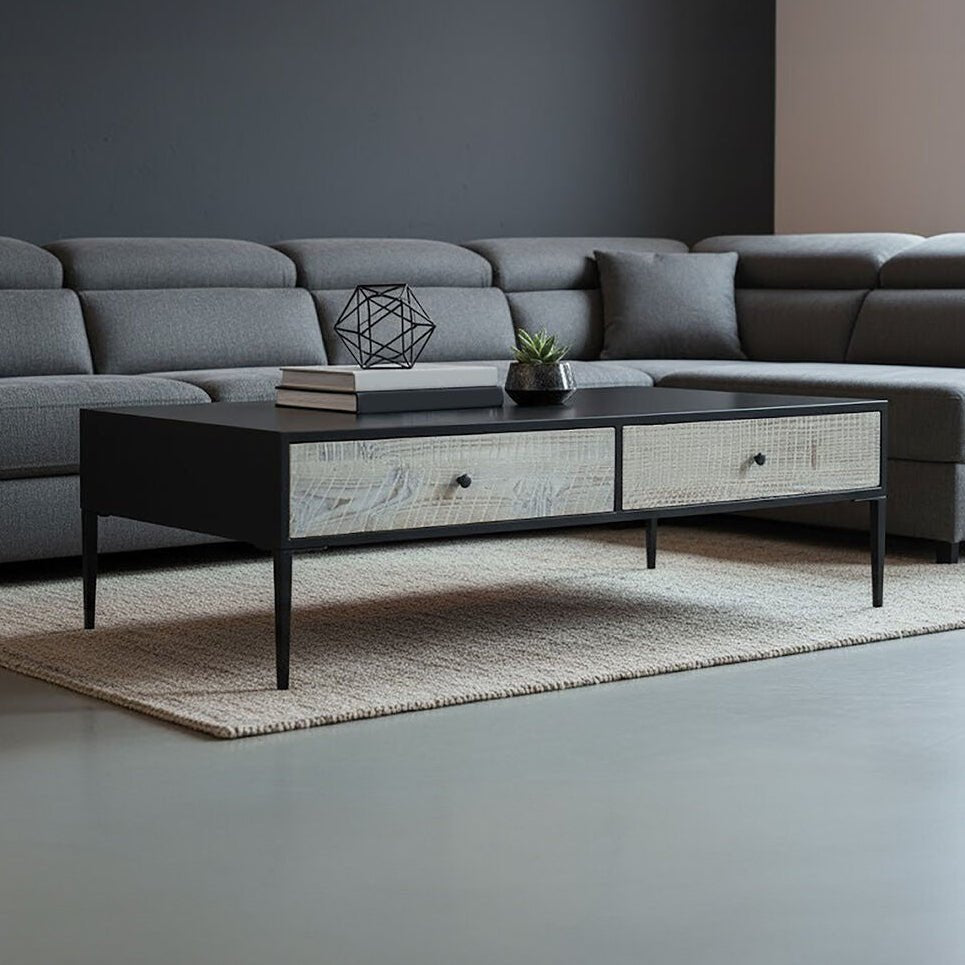 Black Recycled Pine Wood Coffee Table with Textured Two Storage Drawers Front and Black Metal Legs, Luxor - Joe’s Haven