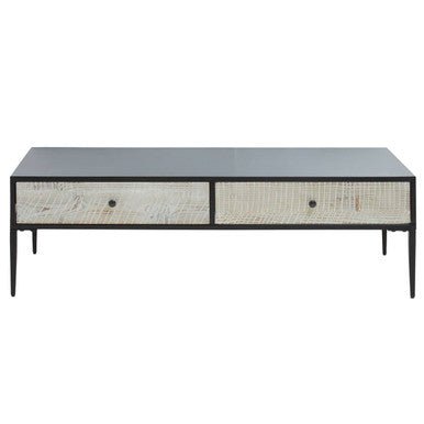 Black Recycled Pine Wood Coffee Table with Textured Two Storage Drawers Front and Black Metal Legs, Luxor - Joe’s Haven