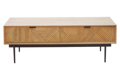 Natural Carved Effect 2-Drawer Coffee Table with Metal Legs, Jakara