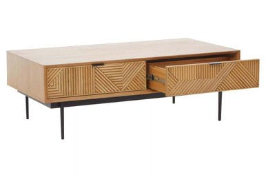 Natural Carved Effect 2 - Drawer Coffee Table with Metal Legs, Jakara - Joe’s Haven