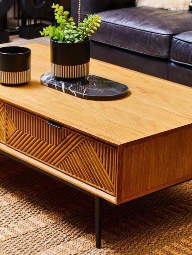 Natural Carved Effect 2 - Drawer Coffee Table with Metal Legs, Jakara - Joe’s Haven