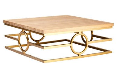 Natural Oak Top Coffee Table with Gold Finish Stainless Steel Openwork Base, Jarloi - Joe’s Haven