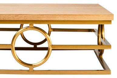 Natural Oak Top Coffee Table with Gold Finish Stainless Steel Openwork Base, Jarloi - Joe’s Haven