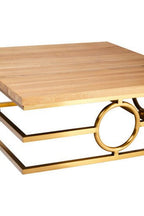 Natural Oak Top Coffee Table with Gold Finish Stainless Steel Openwork Base, Jarloi - Joe’s Haven