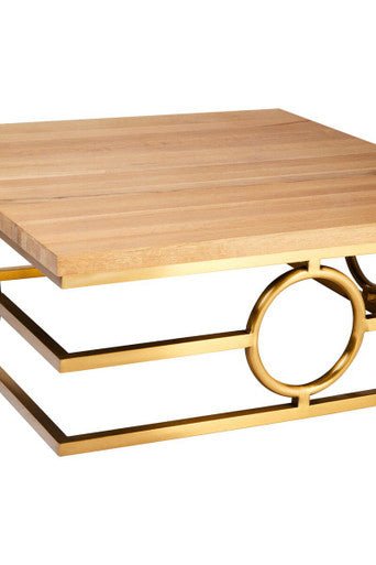 Natural Oak Top Coffee Table with Gold Finish Stainless Steel Openwork Base, Jarloi - Joe’s Haven