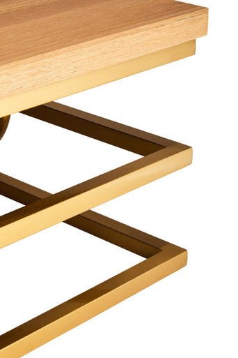 Natural Oak Top Coffee Table with Gold Finish Stainless Steel Openwork Base, Jarloi - Joe’s Haven
