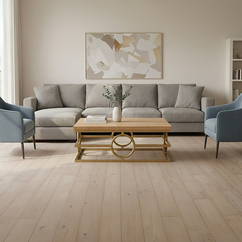 Natural Oak Top Coffee Table with Gold Finish Stainless Steel Openwork Base, Jarloi - Joe’s Haven