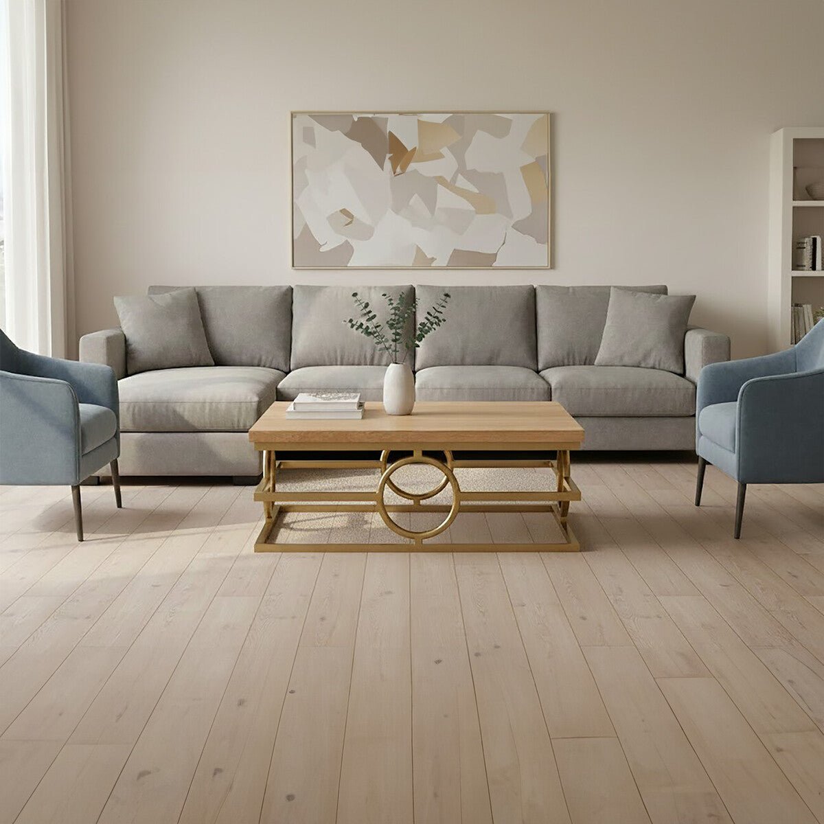 Natural Oak Top Coffee Table with Gold Finish Stainless Steel Openwork Base, Jarloi - Joe’s Haven