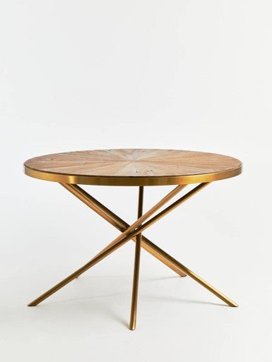 Gold Aged Fir Wood Rustic Top Dining Table with Stainless Steel Tied Base, Jana - Joe’s Haven