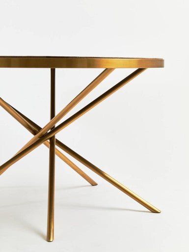 Gold Aged Fir Wood Rustic Top Dining Table with Stainless Steel Tied Base, Jana - Joe’s Haven