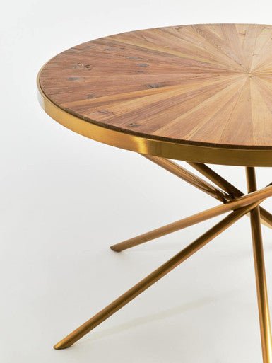Gold Aged Fir Wood Rustic Top Dining Table with Stainless Steel Tied Base, Jana - Joe’s Haven