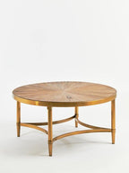 Gold Aged Fir Wood Rustic Top Coffee Table with Stainless Steel Curved Base, Jana - Joe’s Haven