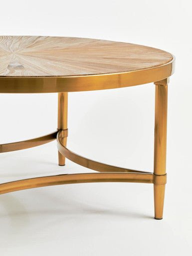 Gold Aged Fir Wood Rustic Top Coffee Table with Stainless Steel Curved Base, Jana - Joe’s Haven