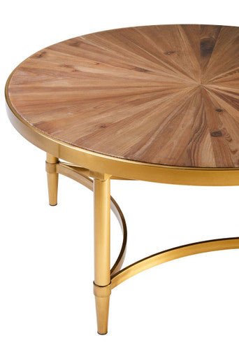 Gold Aged Fir Wood Rustic Top Coffee Table with Stainless Steel Curved Base, Jana - Joe’s Haven