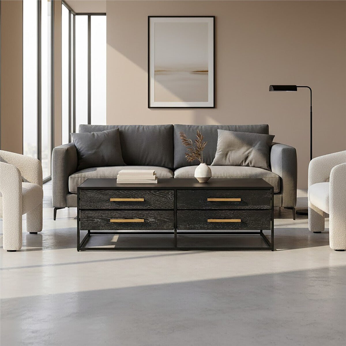 Black Finish 4 - Drawer Coffee Table with Metallic Handles and Iron Frame, Judd - Joe’s Haven