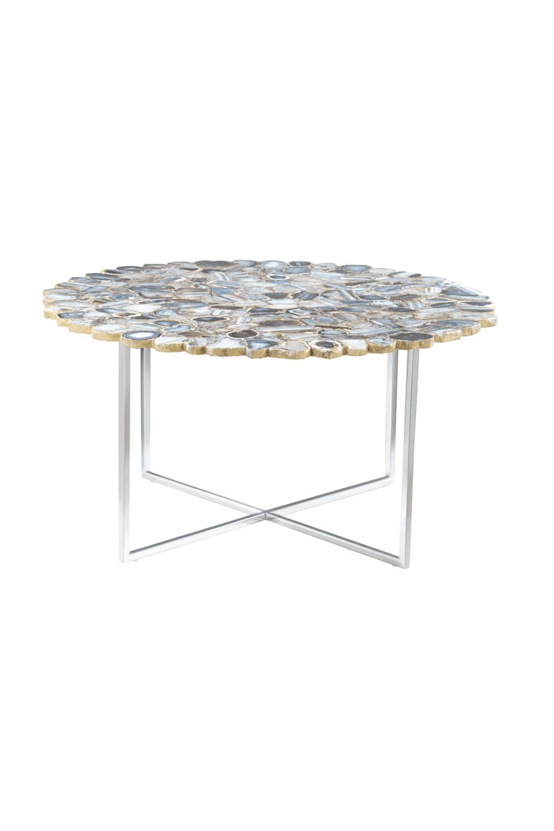 Silver and Assorted Agate Stone Top Coffee Table with Stainless Steel Cross Legs, Rabia - Joe’s Haven
