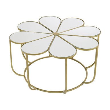 Silver and Gold Iron Frame Coffee Table with Petal Design Mirrored Top, Rabia - Joe’s Haven