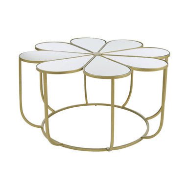 Silver and Gold Iron Frame Coffee Table with Petal Design Mirrored Top, Rabia - Joe’s Haven