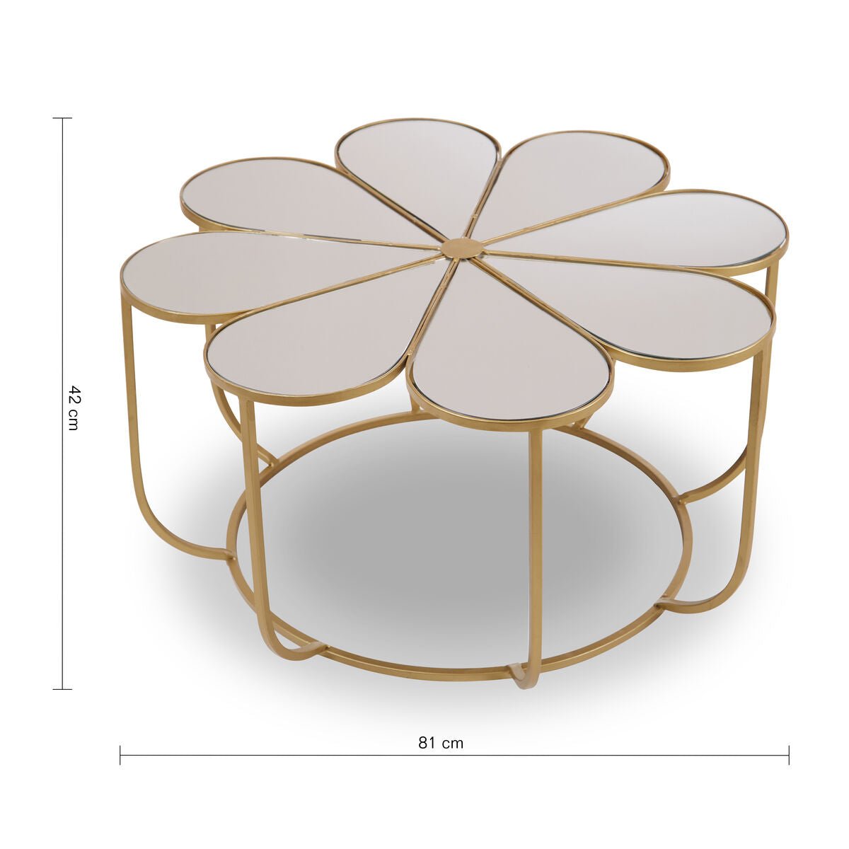 Silver and Gold Iron Frame Coffee Table with Petal Design Mirrored Top, Rabia - Joe’s Haven