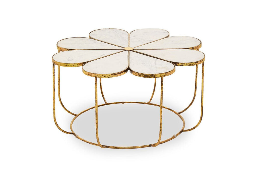 White Polished Marble Top Coffee Table with Petal Design Openwork Base, Rabia - Joe’s Haven