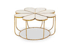 White Polished Marble Top Coffee Table with Petal Design Openwork Base, Rabia - Joe’s Haven