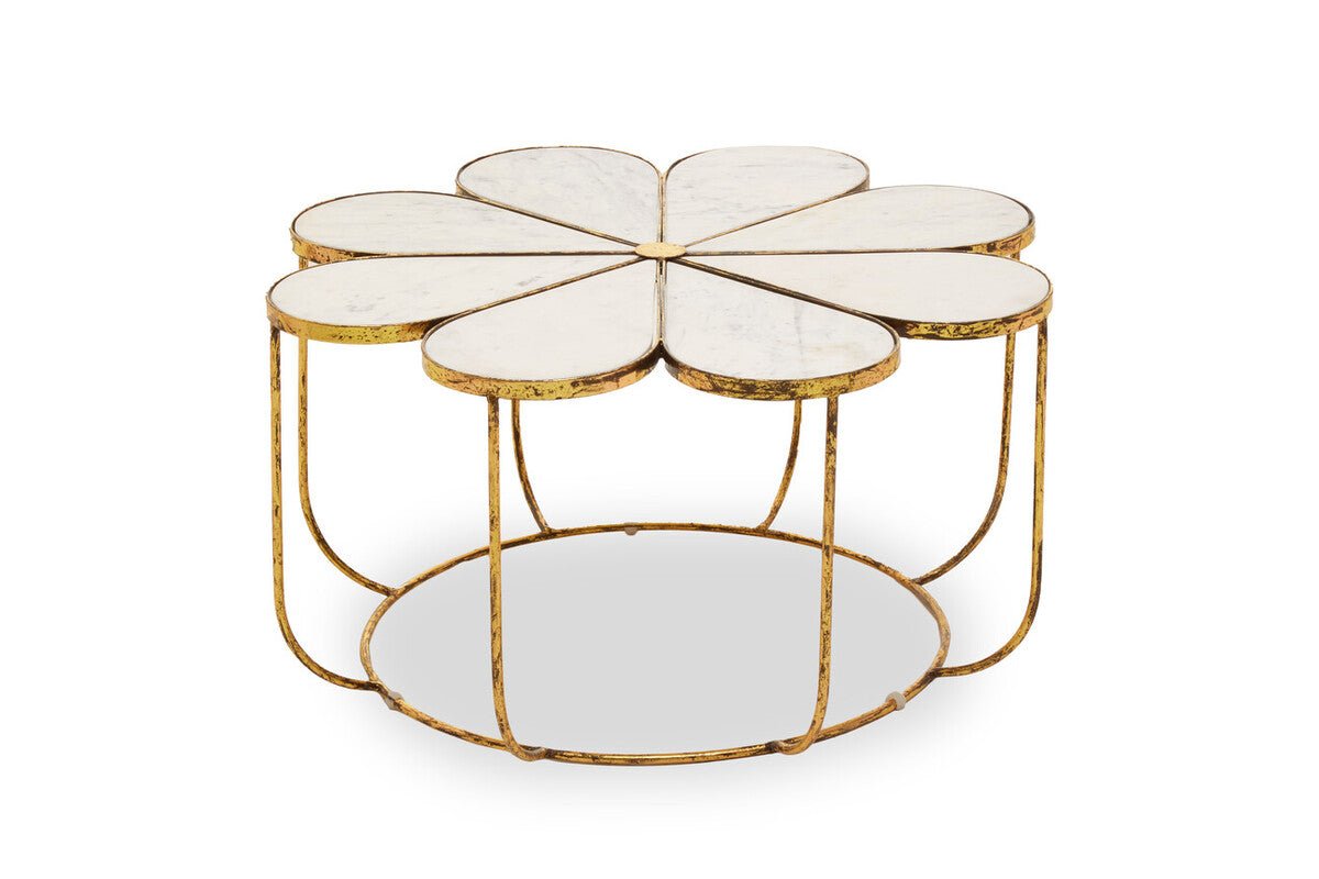 White Polished Marble Top Coffee Table with Petal Design Openwork Base, Rabia - Joe’s Haven