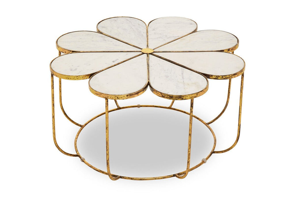 White Polished Marble Top Coffee Table with Petal Design Openwork Base, Rabia - Joe’s Haven
