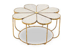 White Polished Marble Top Coffee Table with Petal Design Openwork Base, Rabia - Joe’s Haven