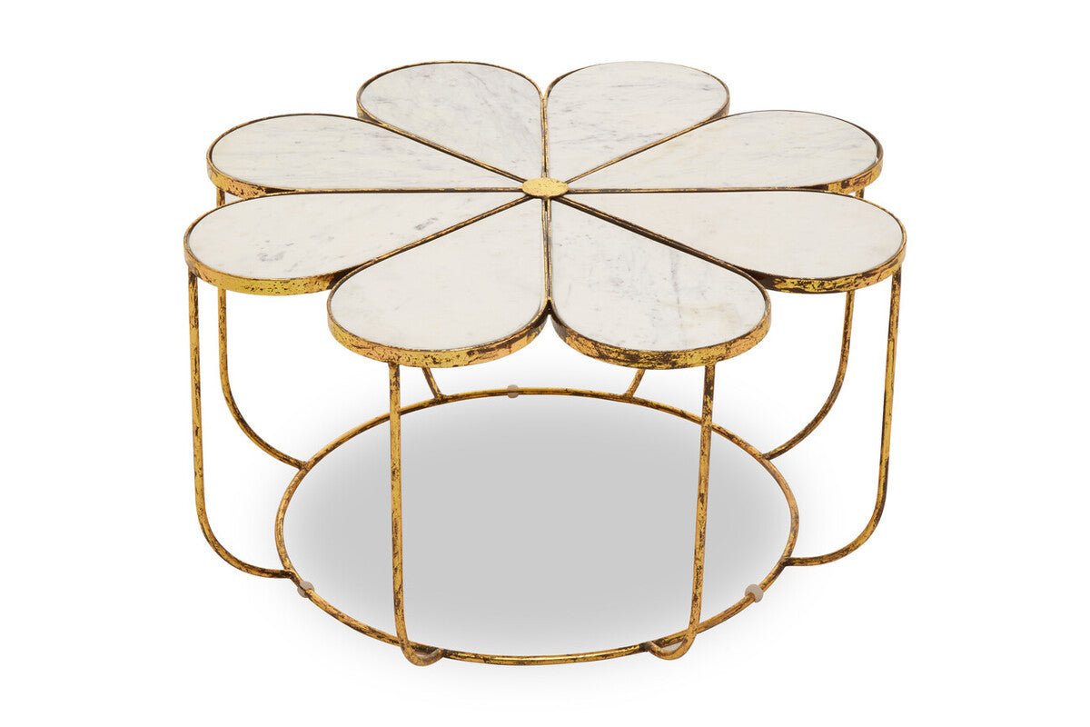 White Polished Marble Top Coffee Table with Petal Design Openwork Base, Rabia - Joe’s Haven