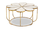 White Polished Marble Top Coffee Table with Petal Design Openwork Base, Rabia - Joe’s Haven