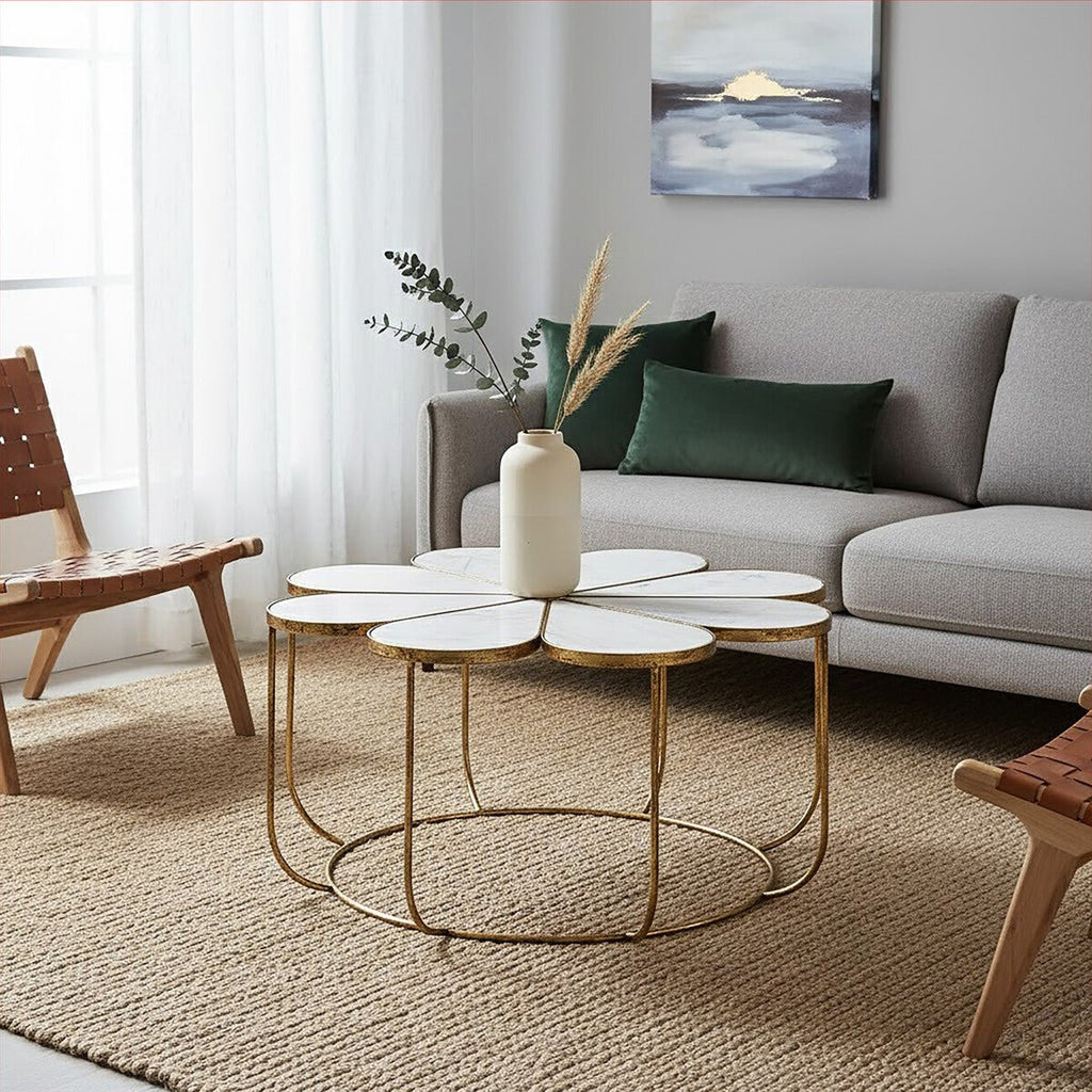 White Polished Marble Top Coffee Table with Petal Design Openwork Base, Rabia - Joe’s Haven