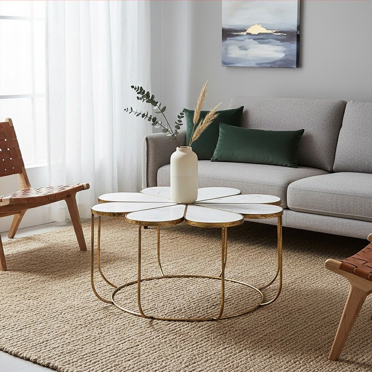 White Polished Marble Top Coffee Table with Petal Design Openwork Base, Rabia - Joe’s Haven
