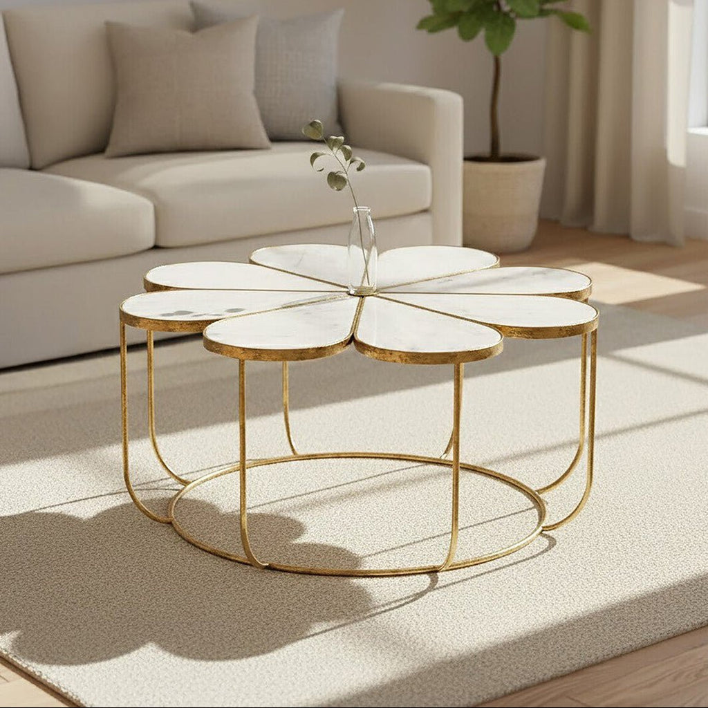White Polished Marble Top Coffee Table with Petal Design Openwork Base, Rabia - Joe’s Haven