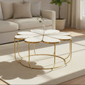 White Polished Marble Top Coffee Table with Petal Design Openwork Base, Rabia - Joe’s Haven