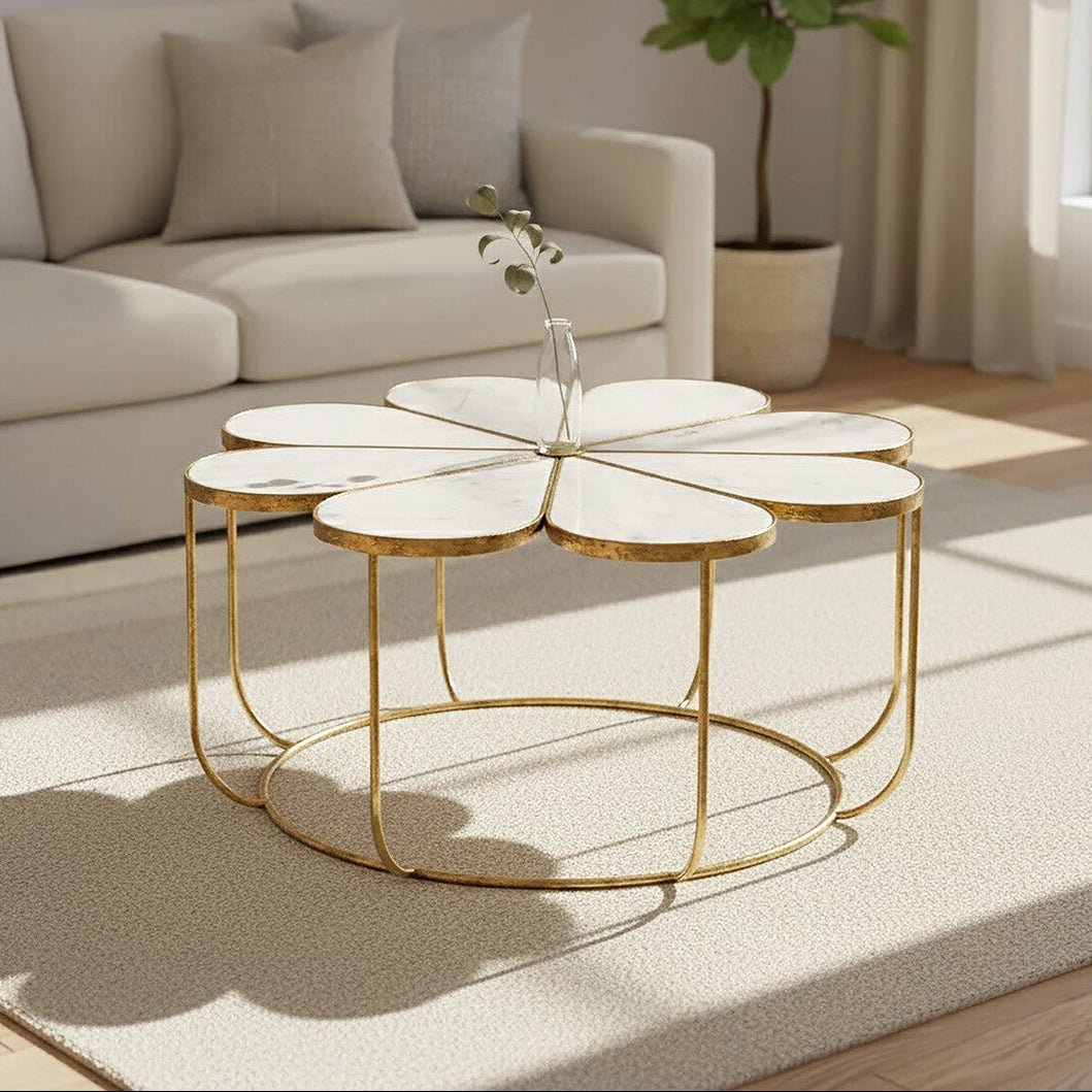 White Polished Marble Top Coffee Table with Petal Design Openwork Base, Rabia - Joe’s Haven